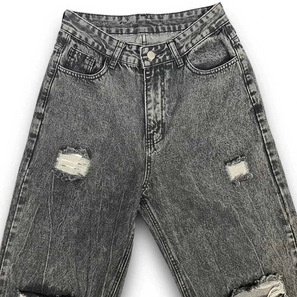 Women’s Wide Leg High Waisted Jeana Distressed Dark Grey Acid Wash Jeans Sz Med - Picture 3 of 12